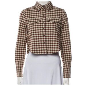Sezane Check Print Long Sleeve Cropped Linen Blend Shirt 36/S